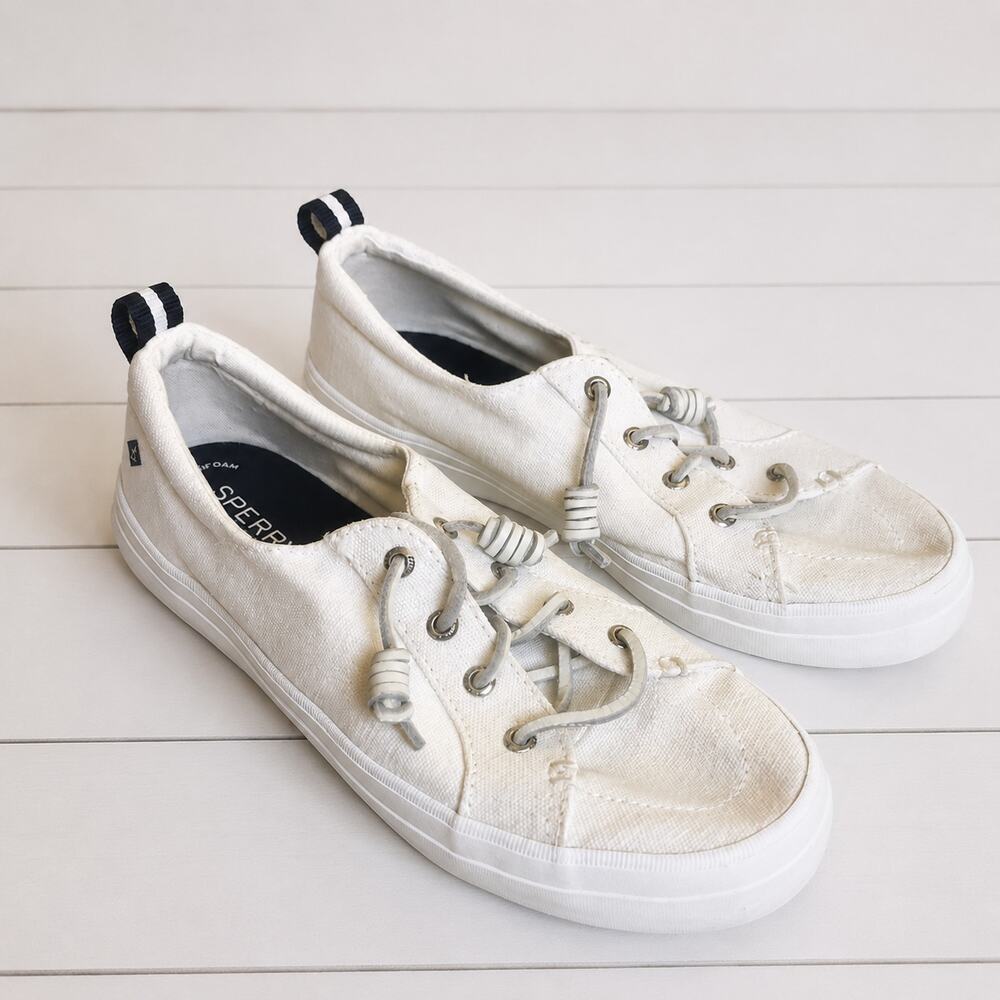 Sperry Womens Top Sider White Canvas Boat Casual Dock Shoe,  Size 8.5 EUC